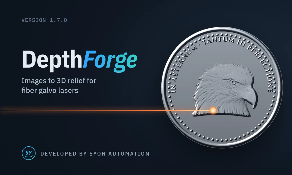 DepthForge splash screen with an eagle coin carved in steel